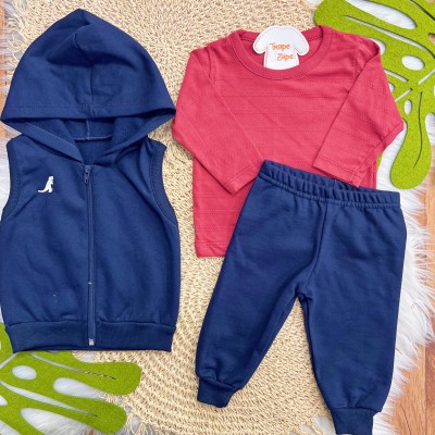 Conj. Colete Rex, Blusa Manga Longa e Calça de Moletom - Marinho e Vermelho